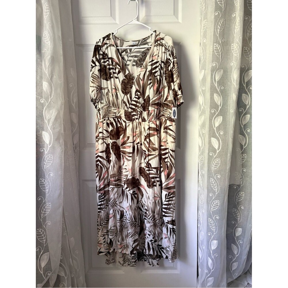 New Old Navy Palm Leaf Smocked Empire Tropical V-Neck hi-low midi maxi Dress XL